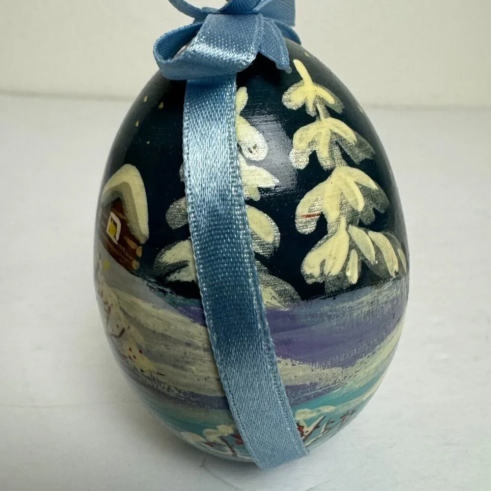 Russian Hand Painted Folk Art Lacquer Egg Winter Horse Village Signed